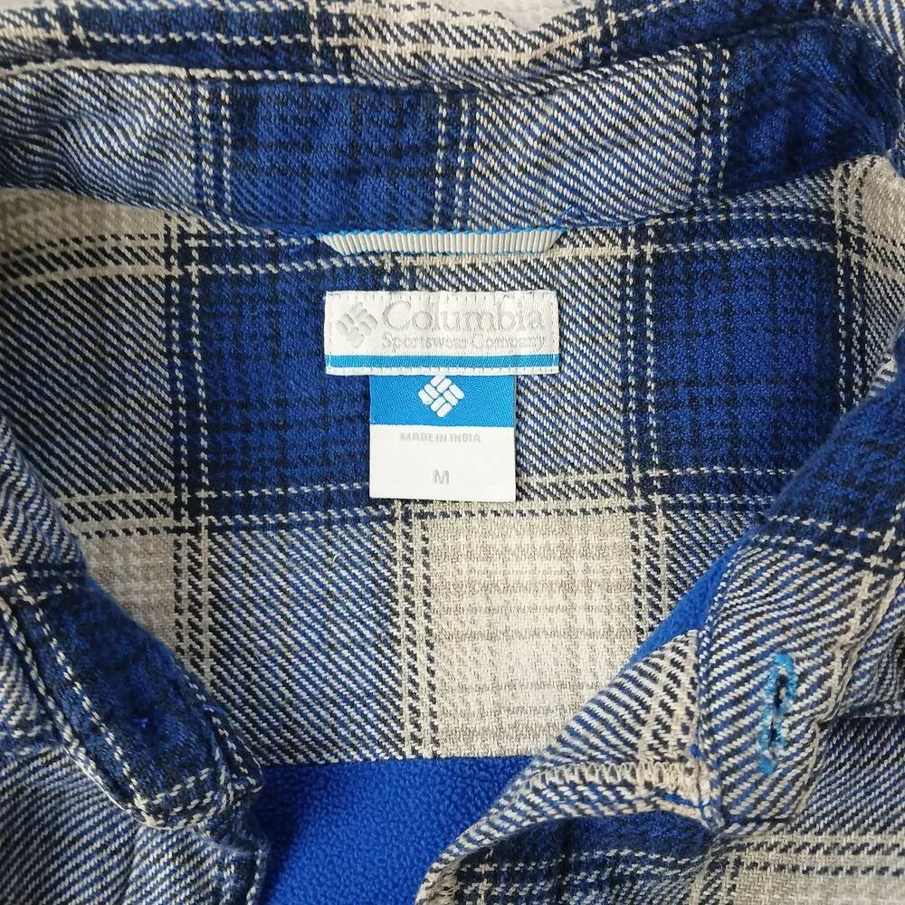 Columbia fleece-lined flannel shirt jacket mens M repaired blue white plaid